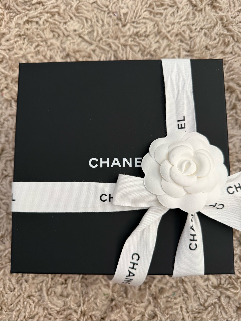 CHANEL Black Gift Box with White Camellia and Ribbon